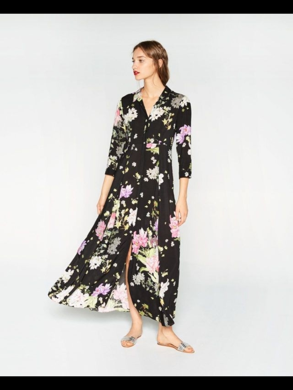 Zara Black Maxi Dress with Pink & Lavender Floral Print
